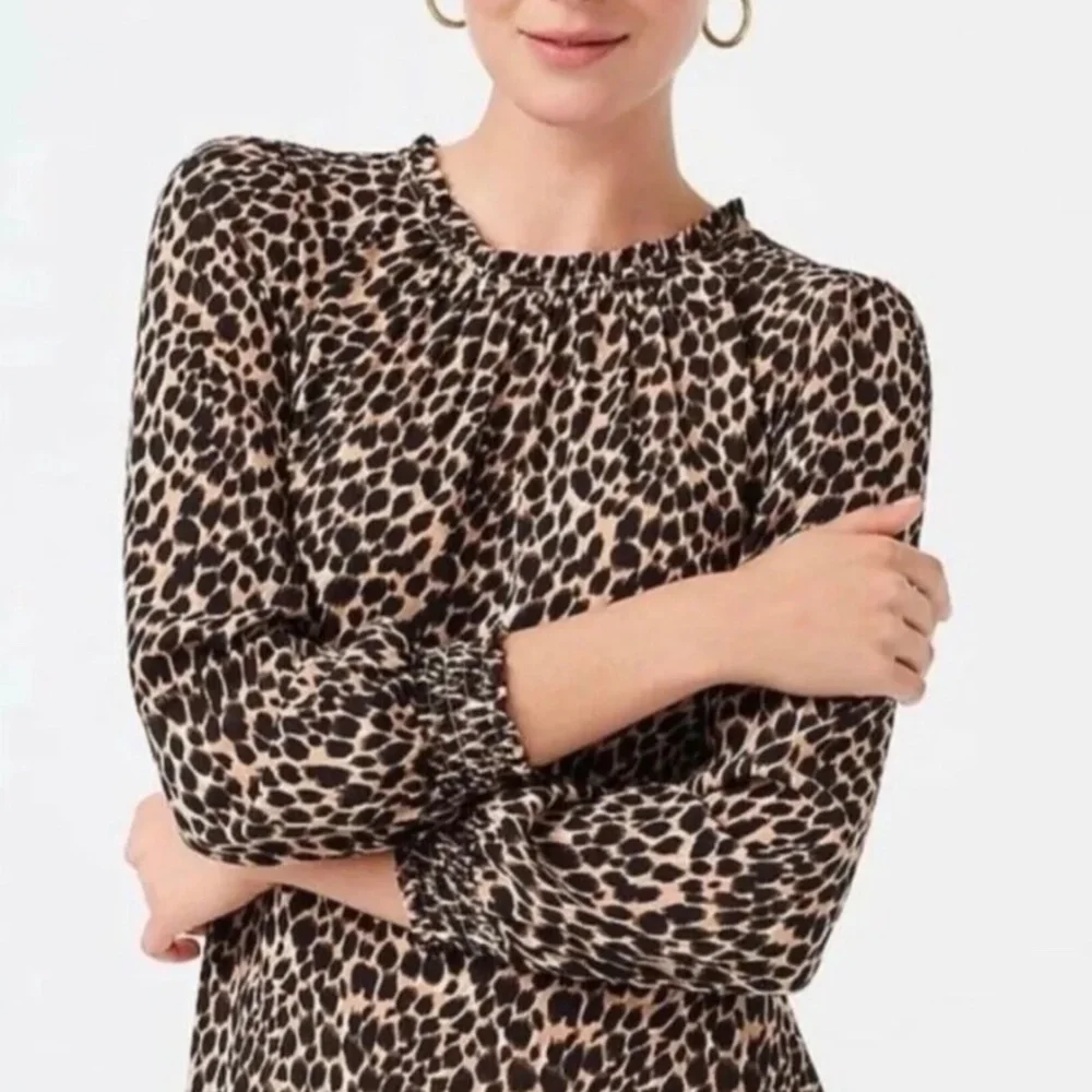 J.‎ Crew Women's Leopard Print Ruffle Neck Midi Dress Size 0 Brown